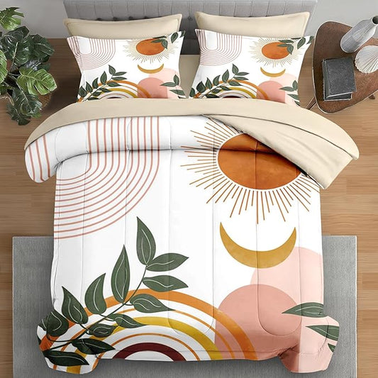 7 Pcs Comforter Set King Size, Boho Sunshine Retro Bedding Set for Kids and Adults, Vintage Bed Sheet Sets with Fitted Sheet 2 Pillowcase & 2 Sham for Bedroom Bed Decor