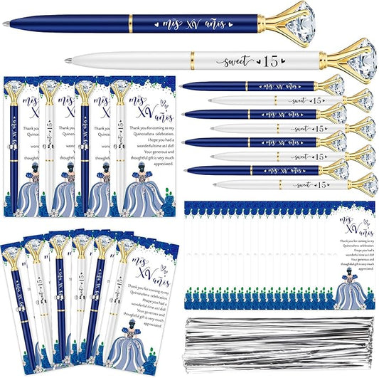 50 Set Quinceanera Party Favors for Guest Sweet 15 Diamond Pens Bulk Mis XV Años Fancy Ballpoint Pen with Thank You Cards and Ties 15th Birthday Thank You Gifts(White, Royal Blue)