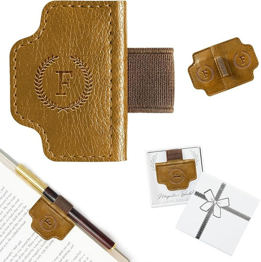 BygoneMark Magnetic Leather Bookmark with Pen Holder, Personalized Custom Initial Page Marker & Pen Clip, Professional Book Accessory for Students (Light Brown-F)