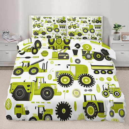 Engineering Vehicle Duvet Cover Twin Size Cartoon Tractor Bedding Set Agricultural Vehicle Comforter Set Farm Machinery Car Comforter Cover Soft Microfiber for Bedroom