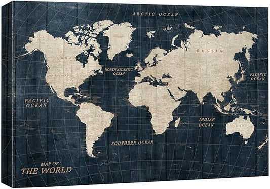 wall26 Canvas Print Wall Art Vintage Navy Blue World Map Classic World Atlas Digital Art Modern Art Traditional Colorful for Living Room, Bedroom, Office - 32"x48"