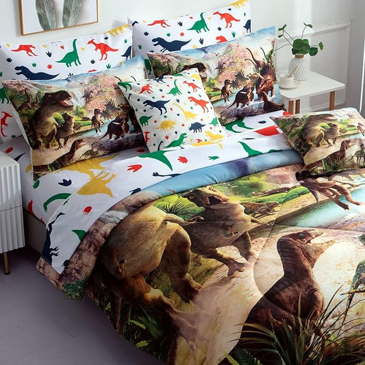 9 Piece Queen Size Dinosaur Comforter Set Bed in a Bag,Kids Queen Comforters 3D Dinosaur Bed Quilt Set for Teens,1 Comforter+4 Pillowcase+1 Flat Sheet+1 Fitted Sheet+2 Throw Pillows Case