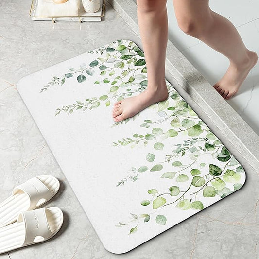 Vintage Eucalyptus Leaves Bath Mat 29.5"x17",Slim Low-Profile Fast Drying Super Absorbent Bathroom Rug with Non-Slip Backing, Easy-Clean Modern Floor Mat for Tub, Shower, or Entryway