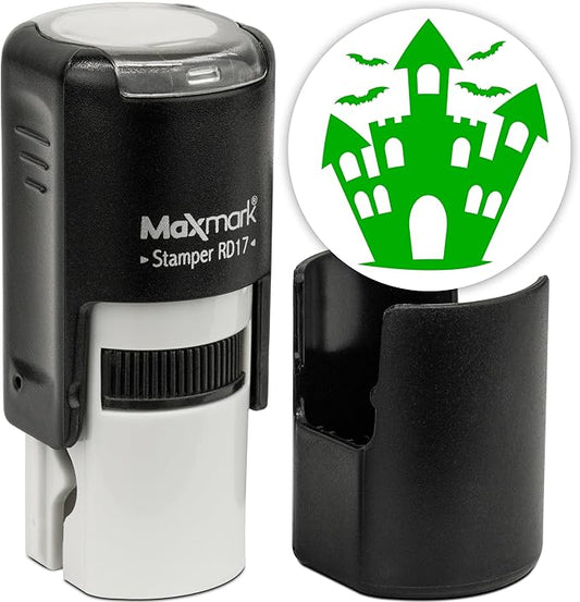 MaxMark Round Self Inking Halloween Stamp - Castle - Green Ink