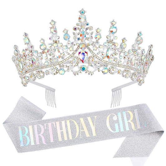 Velscrun AB Silver Crystal Birthday Tiara Crowns for Women Girls Princess Crown with Combs Birthday Girl Headband Sash Happy Birth Party Decorations Birth Gift Cake Topper Hair Accessories