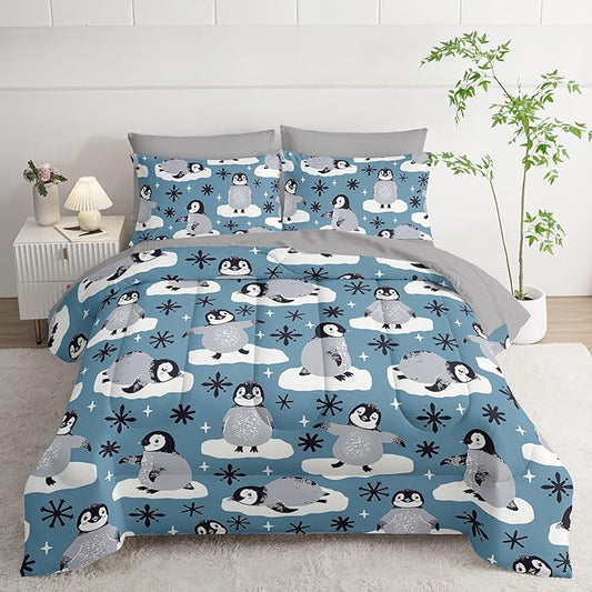 7Pcs Comforter Set Cartoon Penguin Black Snowflakes Printed Bedding Set with 1 Comforter,1 Flat Sheet,1 Fitted Sheet and 4 Pillowcases for Boys and Girls Bedroom All Season(Full)
