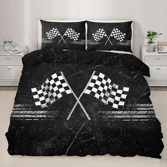 Racing Flag Bedding Set Oversized King Vintage Racing Checkered Flag Duvet Cover Retro Race Track Comforter Cover Race-Themed Teen Bed Set with Pillowcases for Bedroom