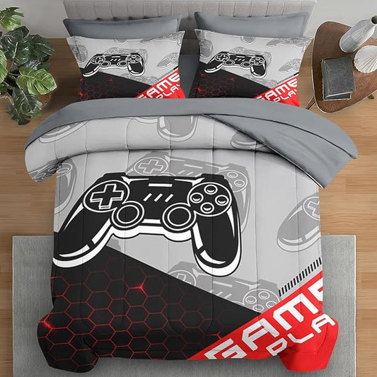 Comforter Set Queen Size, Boys Play Game Gamepad 7 Pcs Bedding for Kids and Adults, Video Gaming Sport Bed Sheet Sets with Fitted Sheet 2 Pillowcases & 2 Shams for Bedroom Bed Decor
