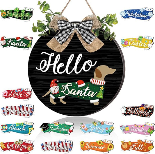 16 Pcs Interchangeable Dog Wooden Door Hanger Ornaments Rustic Dachshund Seasonal Home Sign Replaceable Hanging Vertical Welcome Sign Front Door Porch Decor for Wall Outdoor Xmas Fall Decor (Black)