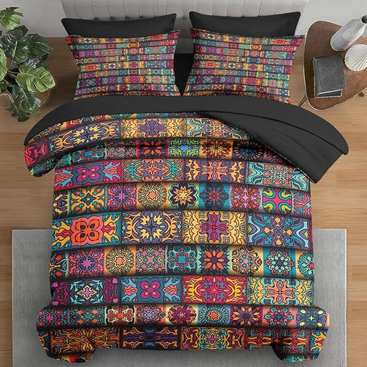 Comforter Set King Size, Colorful Vintage Floral 7 Pcs Bedding for Kids and Adults, Mandala Bohemian Flower Bed Sheet Sets with Fitted Sheet 2 Pillowcases & 2 Shams for Bedroom Bed Decor
