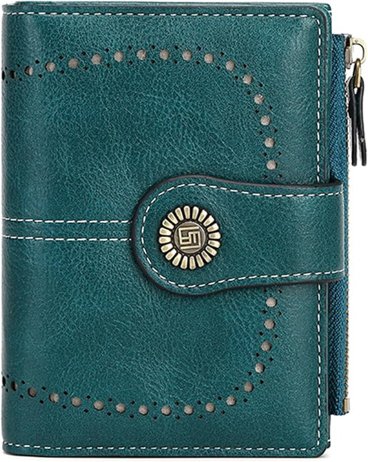Women's Small Genuine Leather Bifold Wallet Large Capacity RFID Blocking with 16 Card Slots 2 ID Windows and Zipper Coin Pocket Pink (Peacock Blue)