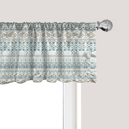 Ambesonne Aztec Window Valance, Geometric Print of Civilization Ornaments in Pastel Nature Tones, Curtain Valance for Kitchen Bedroom Decor with Rod Pocket, 42" x 18", Tan Slate Blue