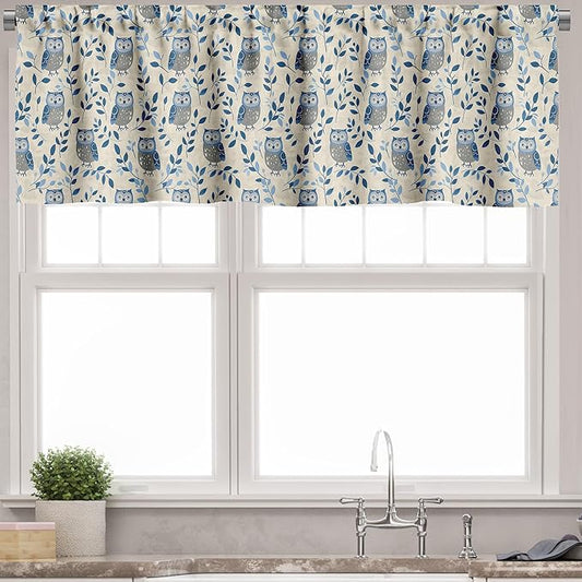 Ambesonne Owl Window Valance, Simple Design Classic Oriental Night Birds Pattern Leafy Ornaments Print, Curtain Valance for Kitchen Bedroom Decor with Rod Pocket, 54" X 18", Dark Night Blue and Beige