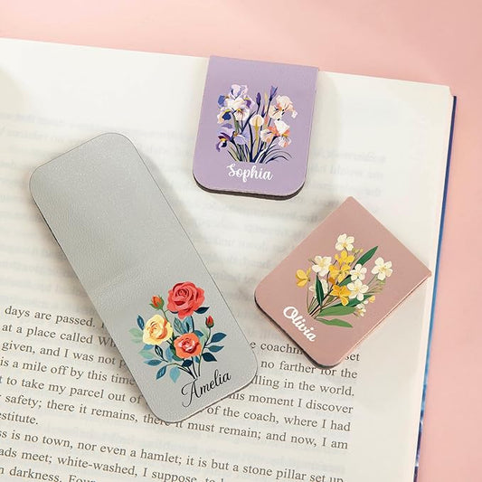 callie Personalized Magnet Bookmark Clips - Custom Birth Flower & Name, Leather Magnetic Book Page Marks for Reading, Gifts for Women Men Book Lovers