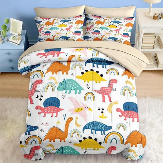 Comforter Set Queen Size, Wildlife Baby Dino 7 Pcs Bedding for Kids and Adults, Dinosaur Nursery Rainbow Bed Sheet Sets with Fitted Sheet 2 Pillowcases & 2 Shams for Bedroom Bed Decor