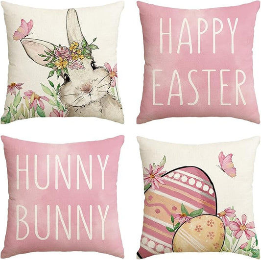AVOIN colorlife Happy Easter Hunny Bunny Pink Throw Pillow Covers, 16 x 16 Inch Easter Eggs Bunny Spring Cushion Case for Sofa Couch Set of 4