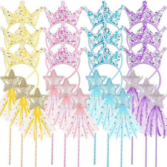 12 Pcs Princess Party Favors Including 6 Glitter Star Fairy Wands and 6 Sequin Princess Crown Headbands for Girls Birthday Party Gifts