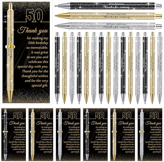 24 Set 50th Birthday Party Favor for Guests Anniversary Appreciation Gifts Birthday Glitter Ballpoint Pen and Thank You Cards for Women Men Years Party Favor Decoration Supplies