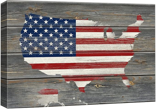 wall26 Canvas Print Wall Art American Flag Over United States Map on Wood Panel Architecture & Maps Cultural Illustrations Modern Art Traditional Multicolor for Living Room, Bedroom, Office - 32"x48"
