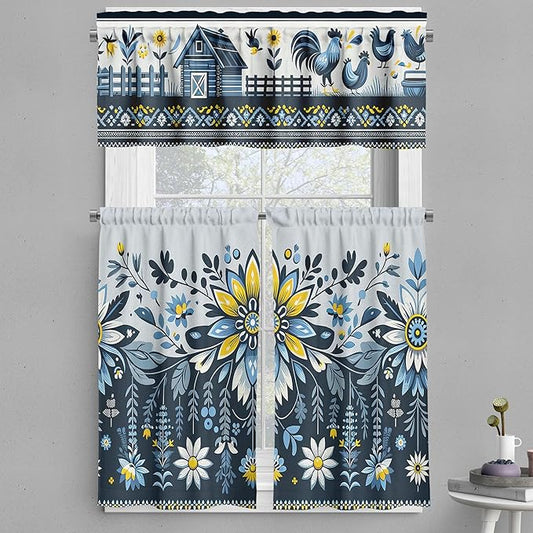 Ambesonne Farmhouse Valance & Tier Curtain 3 pcs Set, Ethnic Flower and Leafy Branch Ornaments with Barn Rooster Field Garden Print, Window Treatments for Kitchen Room Decor, 55" x 45", Blue Yellow