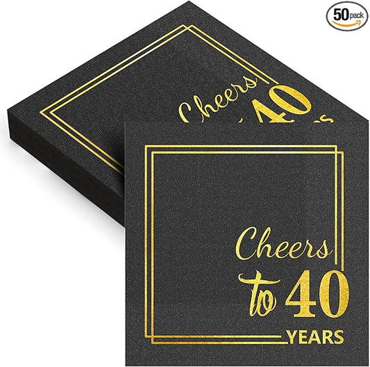 40th Birthday Cocktail Party Napkins-50PCS 13 * 13 inches Cheers to Years Disposable Paper Napkins for Birthday Wedding Anniversary Decorations Party Props Supplies Black and Gold (40th)