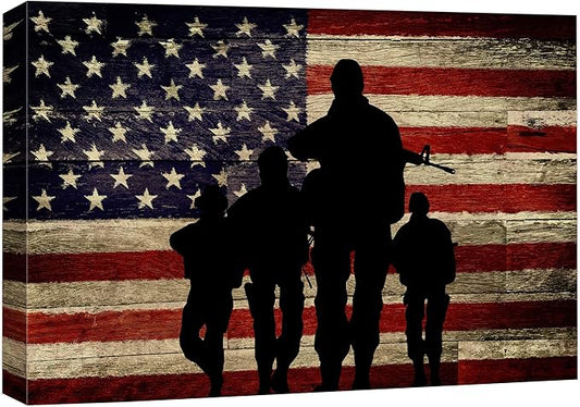 wall26 Canvas Print Wall Art Silhouette of American Soldiers with Flag on Wood Pop Culture Cultural Digital Art Modern Art Traditional Colorful for Living Room, Bedroom, Office - 16"x24"