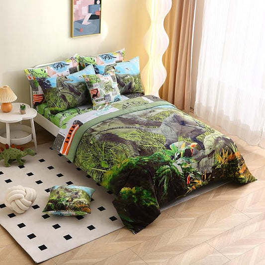 Queen Size Dinosaur Bedding Set for Kids - 9Pcs 3D Comforter Bed in A Bag for Teens Bedroom - 1 Comforter, 4 Pillowcases, 1 Flat Sheet, 1 Fitted Sheet, 2 Throw Pillow Cases