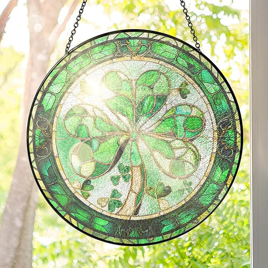 FLAGWIX Irish Gifts for Women Men - 100% Stained Glass Hanging Suncatcher 8 in - Birthday Irish Decorations for Family Friends, Shamrock Home Decor, St Patricks Day Decorations