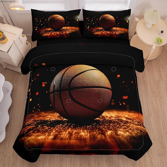 Helloosun 5PCS Basketball Bedding Twin,Boys Sports Comforter Set,Basketball Twin Comforter for Boys,Red and Black Court Bed Set