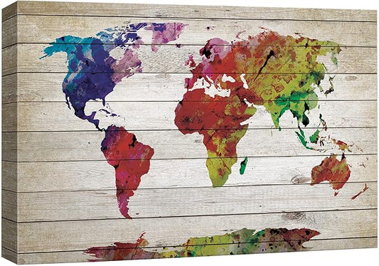 wall26 Canvas Print Wall Art Watercolor Style Rainbow Wood Panel World Map Architecture & Maps Cultural Illustrations Modern Art Traditional Multicolor for Living Room, Bedroom, Office - 32"x48"