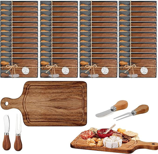 70 Sets Bridal Baby Shower Cheese Prizes Wooden Square Board Gift Set Knives Forks Thank You Tags with Box for Guests for Valentines Bridal Baby Shower Housewarming (Acacia Wood)