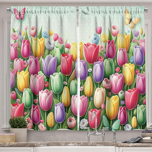 Ambesonne Tulip Flowers Kitchen Curtains, Dreamy Composition of Garden Scenario Butterfly and Dot Details, Window Drapes 2 Panel Set for Kitchen Cafe Decor, 55" x 39", Mint Green and Multicolor