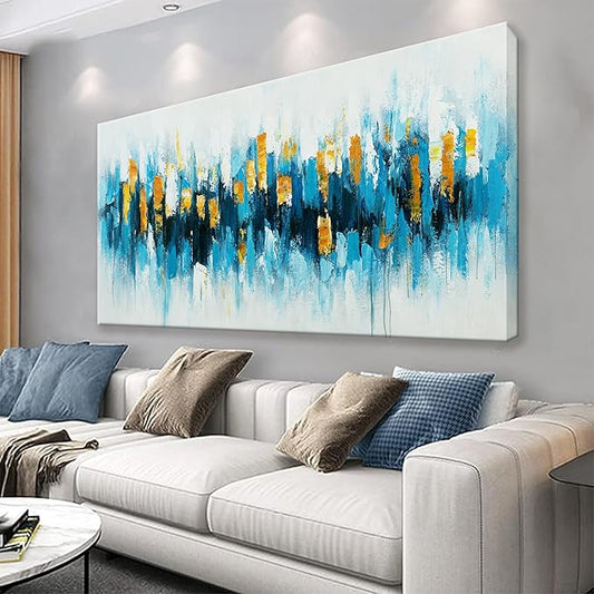 Suconvng Blue Abstract Wall Art Living Room Abstract Painting Wall Decor Modern 24"X 48" Canvas Art Wall Decor Blue Gold Wall Art Canvas Prints Artwork Pictures For Bedroom Kitchen Artwork