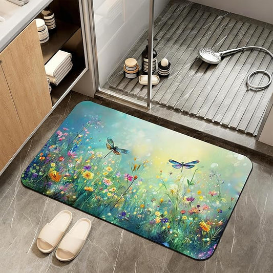 Non Slip Bath Mat,Dragonfly Bathroom Decor,Colorful Flowers Diatomaceous Bath Mat Quick Dry Absorbent Bathroom Rugs-Shower Rug for Kitchen Laundry Bathtub Shower 17"x29.5"