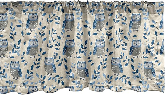 Ambesonne Owl Window Valance Pack of 2, Simple Design Classic Oriental Night Birds Pattern Leafy Ornaments Print, Rod Pocket Curtain Valances for Kitchen Bedroom, 54" X 12", Dark Night Blue and Beige