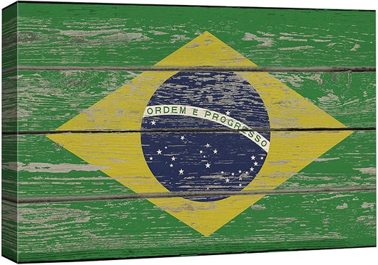 wall26 Canvas Print Wall Art Brazilian Flag on Vintage Retro Wood Panels Pop Culture Cultural Digital Art Modern Art Traditional Colorful for Living Room, Bedroom, Office - 12"x18"